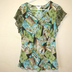 Vtg SLB 100% Silk Hawaii Postcard Surf Romance Palm Tree Print Top Plus sz 1X